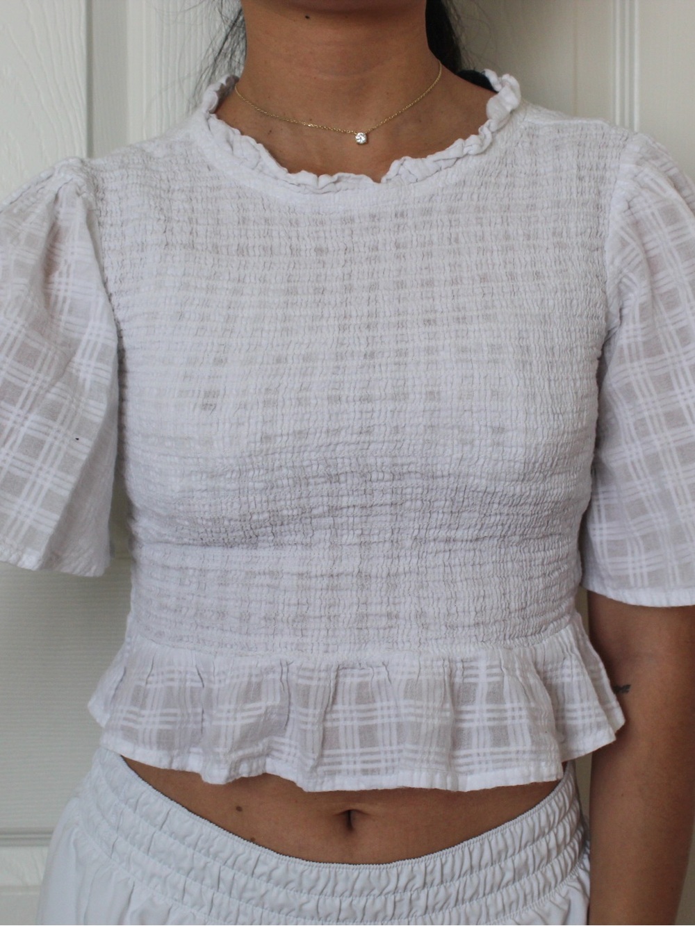 White Smocked Ruffle Short Sleeve Top
